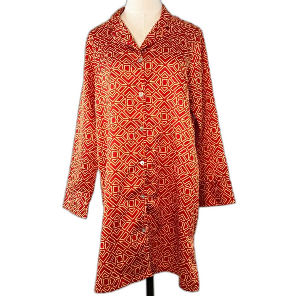 Natori | Satin Pajama Sleep Shirt Top Long Sleeve Rust and Gold | Sz S